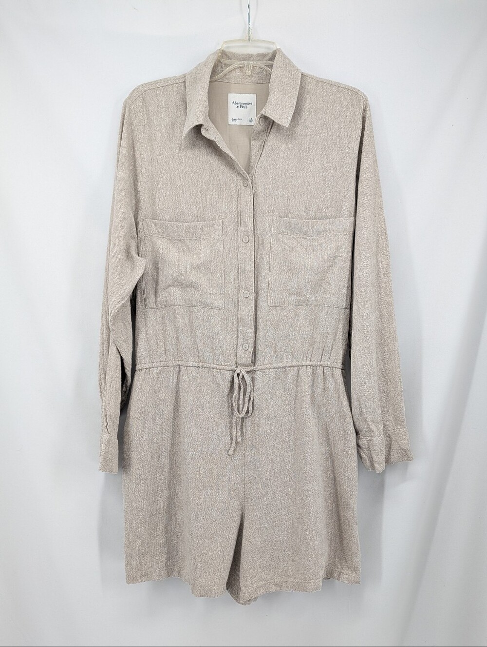 Abercrombie & Fitch Linen Blend Neutral Beige Long Sleeve Romper Size Large Tall